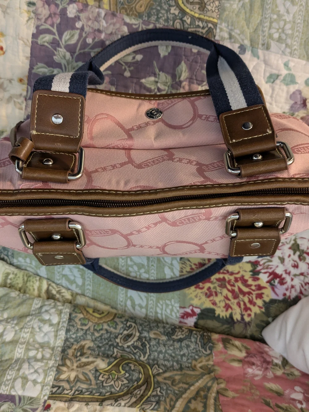 Chaps Pink Fabric Bag with Brown Trim and Charm